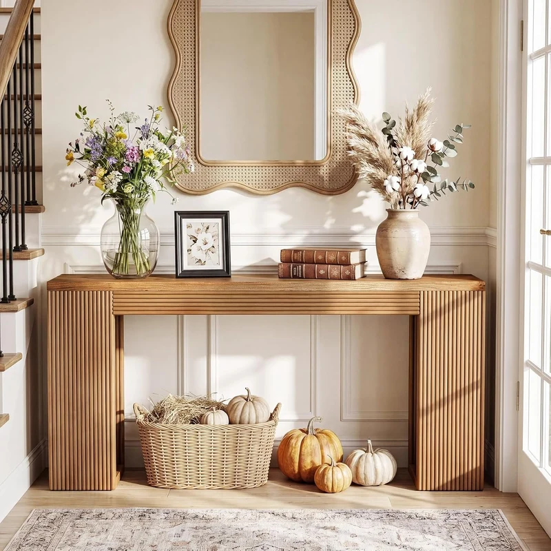 Console en bois massif de 160 cm de long, Style campagnard avec pieds cannelés