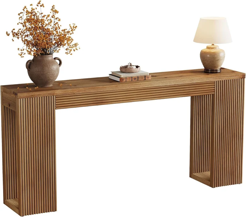Console en bois massif de 160 cm de long, Style campagnard avec pieds cannelés