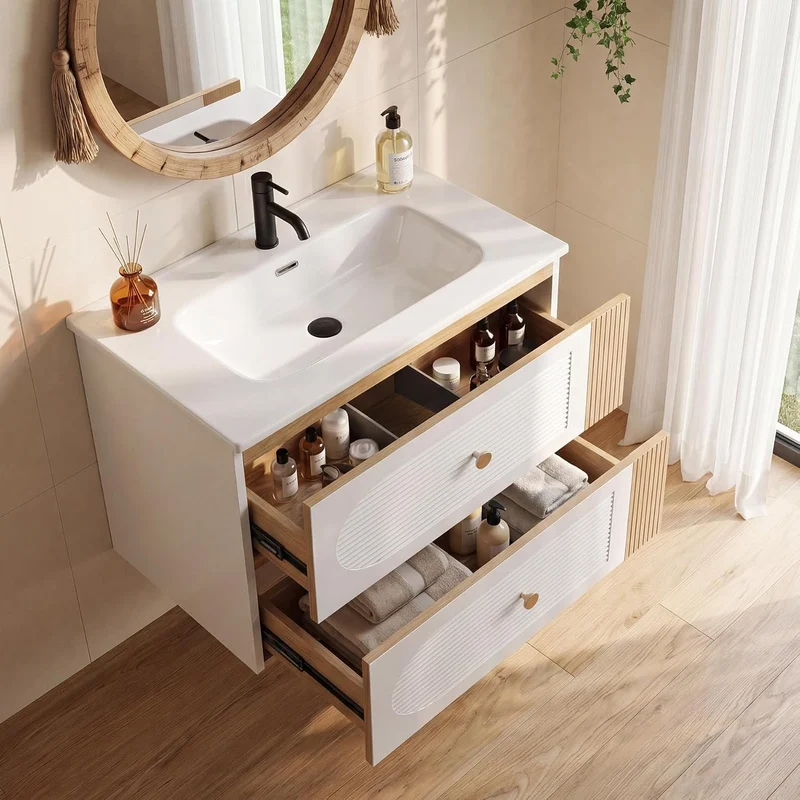 Tribesigns Meuble vasque avec lavabo en céramique 60 cm, Blanc Fixation murale, 2 tiroirs, aspect chêne clair