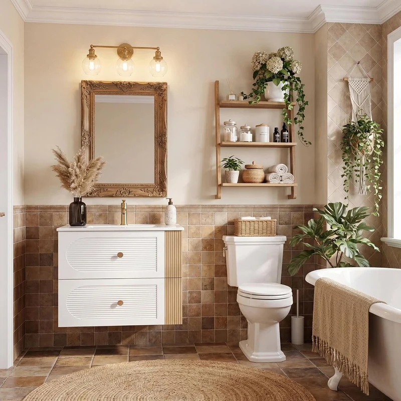 Tribesigns Meuble vasque avec lavabo en céramique 60 cm, Blanc Fixation murale, 2 tiroirs, aspect chêne clair
