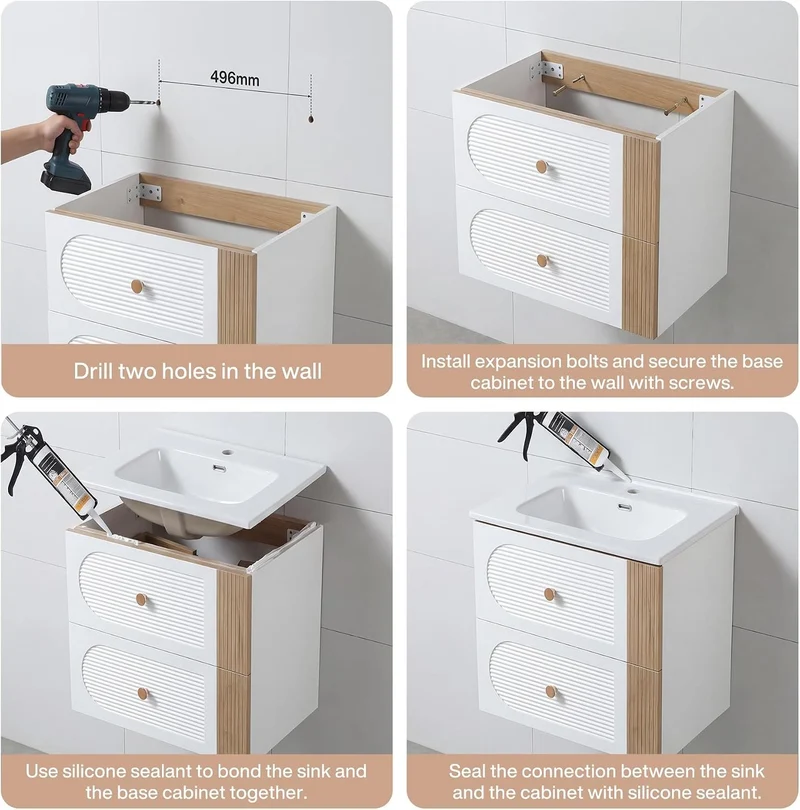 Tribesigns Meuble vasque avec lavabo en céramique 60 cm, Blanc Fixation murale, 2 tiroirs, aspect chêne clair