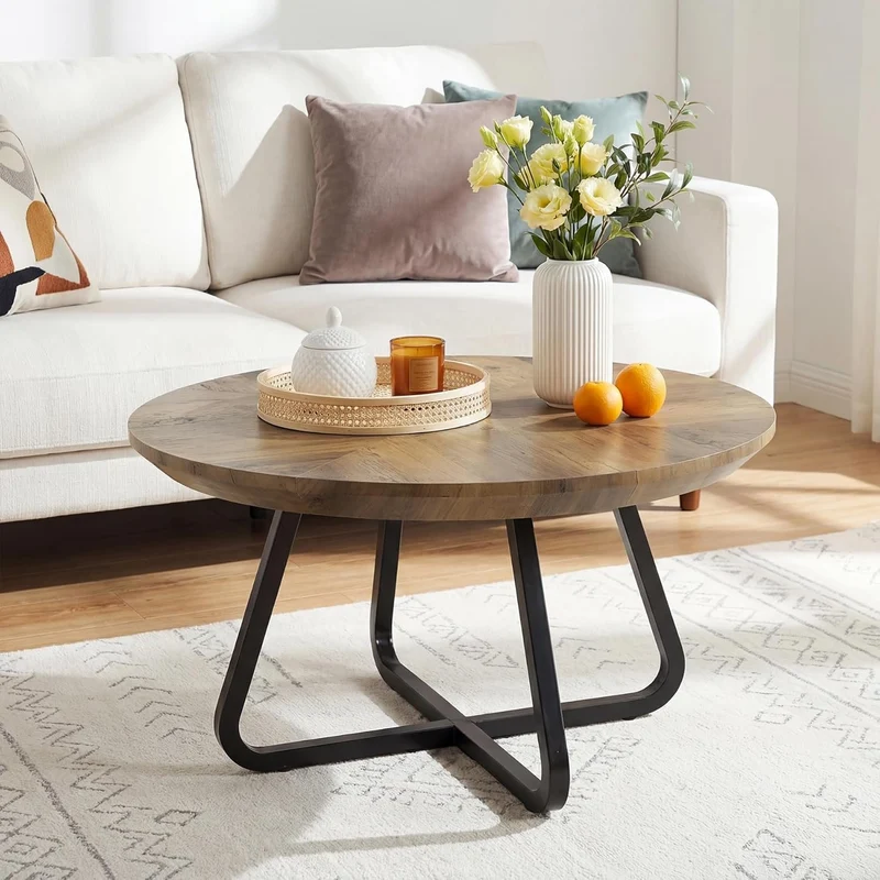 Tribesigns Table basse ronde 80 cm, Table basse moderne aspect bois, table d'appoint industrielle avec pieds en métal, gain de place