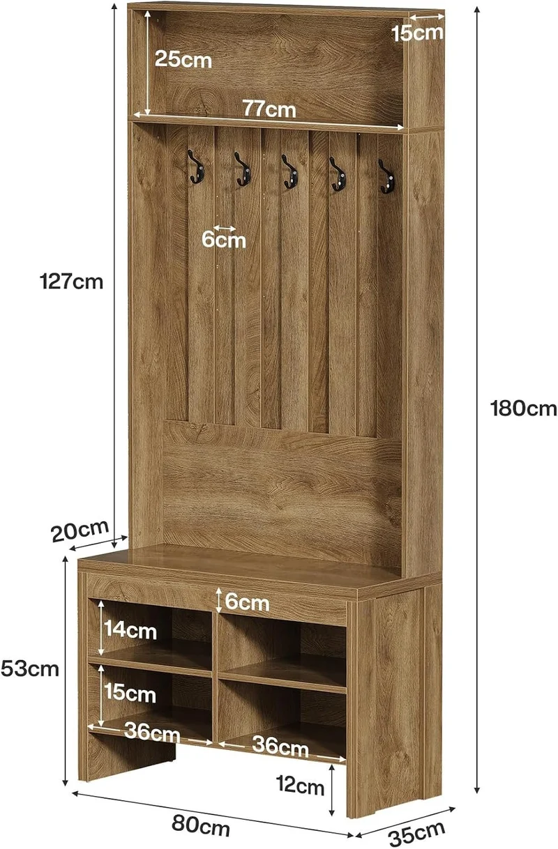 Tribesigns Armoire design avec banc, Rangement d'entrée ouvert et fermé avec 5 crochets Compartiments à chaussures et étagère