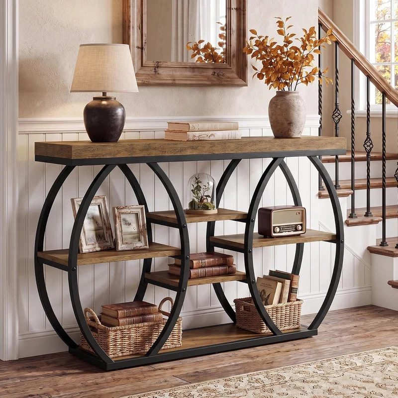 Tribesigns Console 120 cm style ferme, 4 niveaux, Table basse étroite style industriel pour salon, couloir, entrée