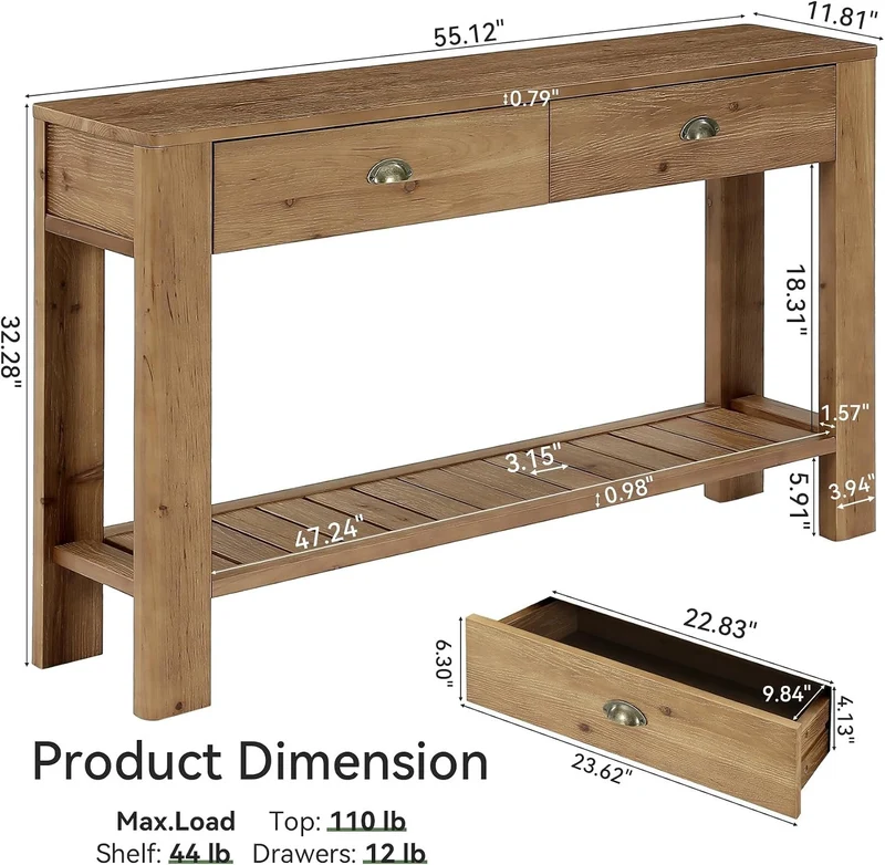Console en bois massif de 140 cm avec 2 tiroirs, Table d'entrée avec rangement ouvert Table basse derrière le canapé