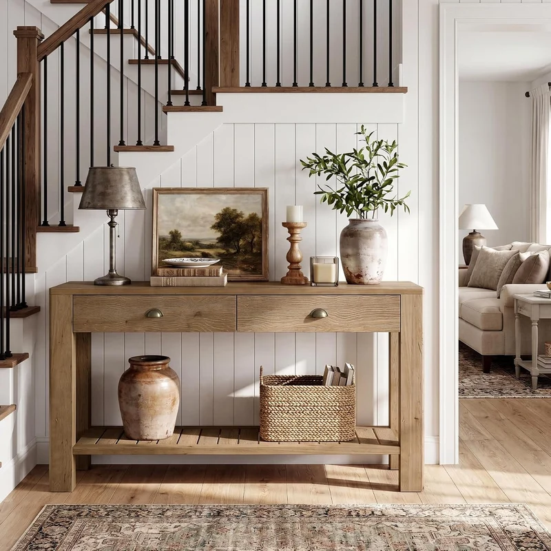 Console en bois massif de 140 cm avec 2 tiroirs, Table d'entrée avec rangement ouvert Table basse derrière le canapé