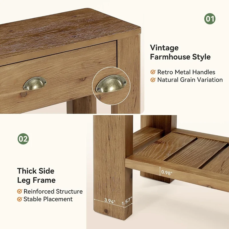 Console en bois massif de 140 cm avec 2 tiroirs, Table d'entrée avec rangement ouvert Table basse derrière le canapé
