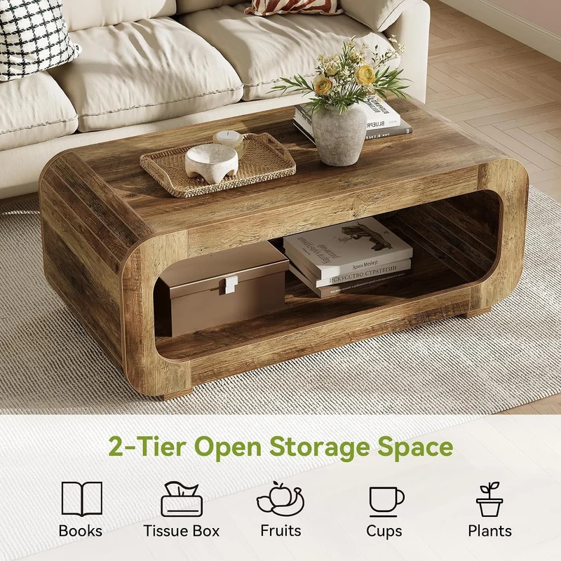 Tribesigns Table basse 120 cm avec rangement ouvert, Table rectangulaire en bois pour salon