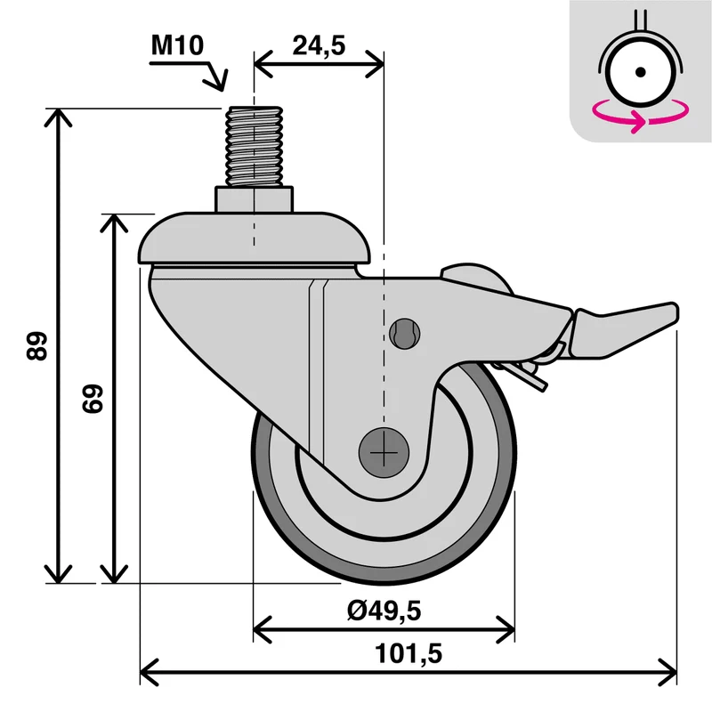 SWIVEL WHEEL WITH BRAKE DIAMETER 50 MM GALVANISED SUPPORT WITH THREADED PIN