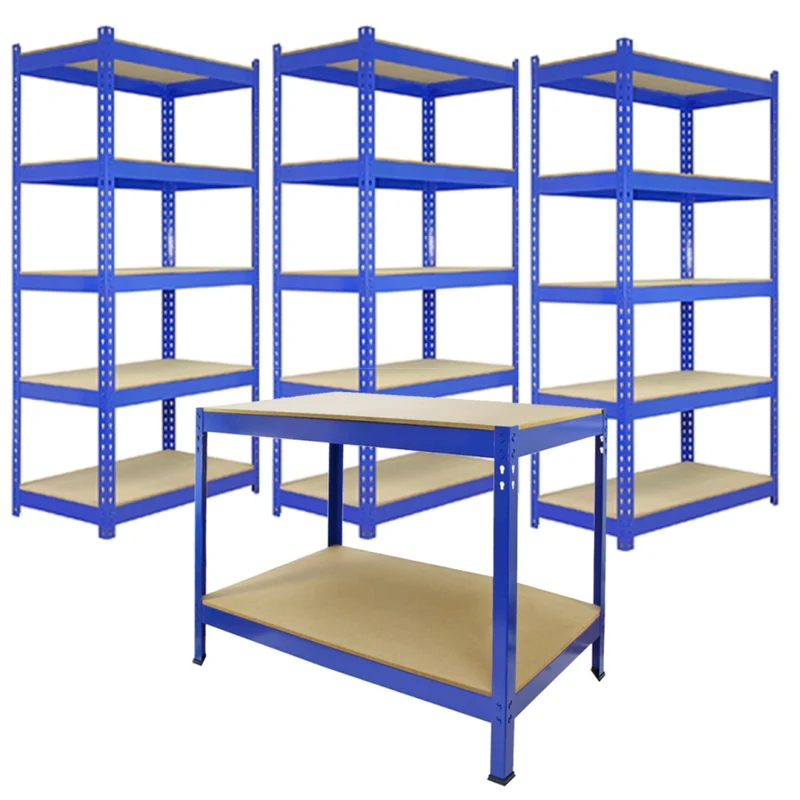 Monster Racking - Lot de 3 Rayonnages Q-Rax en Acier Bleu 90 cm & 1 Établi de Travail Q-Rax