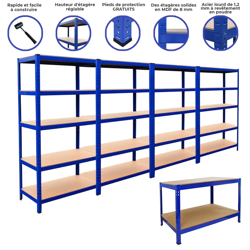 Monster Racking - Lot de 4 Rayonnages T-Rax en Acier Bleu & 1 Établi Q-Rax en Acier Bleu