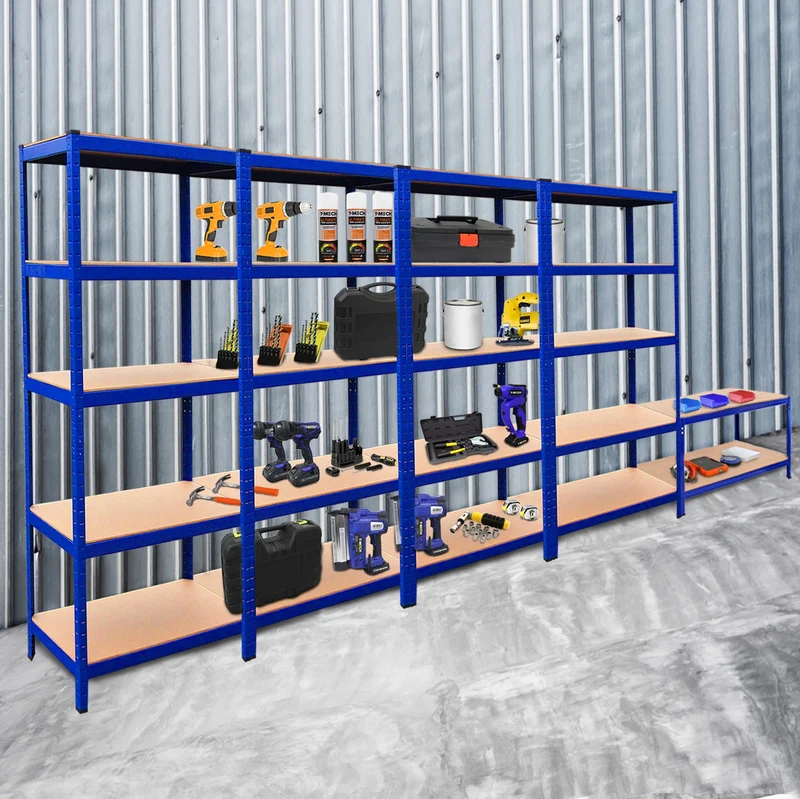 Monster Racking - Lot de 4 Rayonnages T-Rax en Acier Bleu & 1 Établi Q-Rax en Acier Bleu