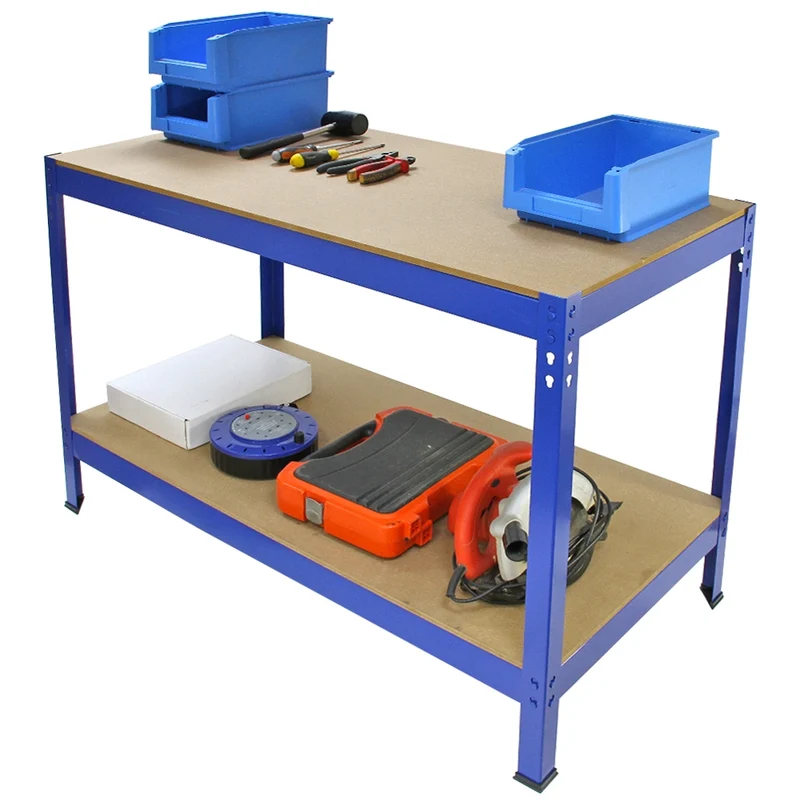 Monster Racking - Lot de 4 Rayonnages T-Rax en Acier Bleu & 1 Établi Q-Rax en Acier Bleu