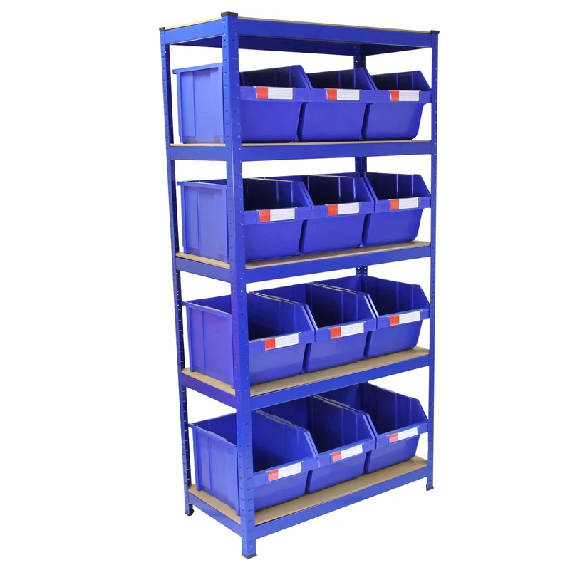 Monster Racking - Lot de 1 Rayonnage T-Rax en Acier Bleu & 12 x Boîtes de Rangement à Selection Rapide