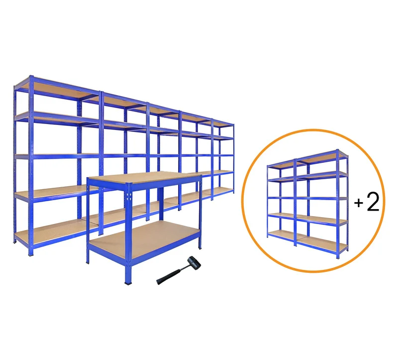 Monster Racking - 5 Rayonnages T-Rax de 75cm, 2 Rayonnages T-Rax de 90cm en Acier Bleu & 1 Établi Q-Rax en Acier Bleu 120cm