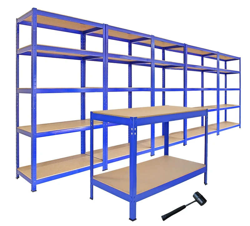Monster Racking - Lot de 5 Rayonnages T-Rax en Acier Bleu & 1 Établi de Travail Q-Rax en Acier Bleu