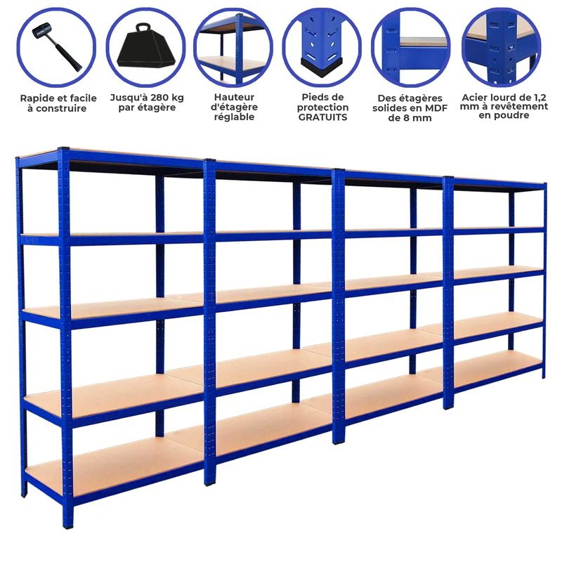 Monster Racking - Lot de 4 Rayonnages T-Rax en Acier Bleu 90cm x 45cm x 180cm, Maillet & Connecteurs de Baies