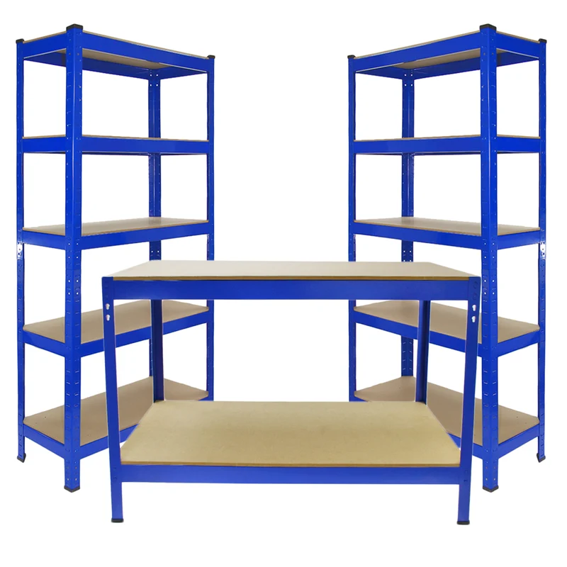 Monster Racking - Lot de 2 Rayonnages T-Rax en Acier Bleu & 1 Établi de Travail Q-Rax en Acier Bleu