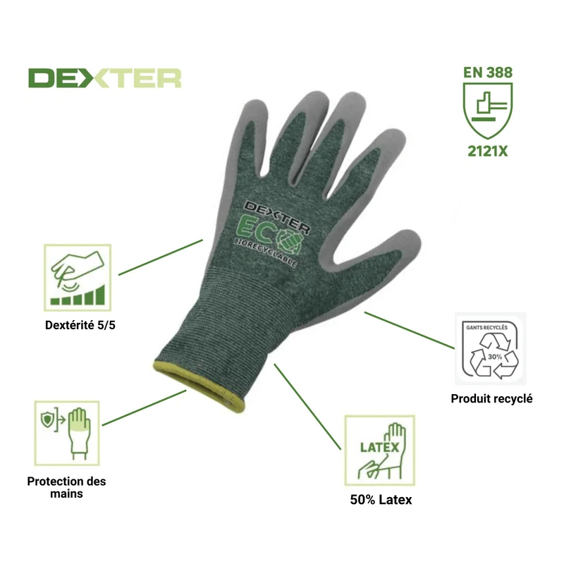 DEXTER RECYCLED HANDLING GLOVES SIZE 9L POLYESTER LATEX PALM
