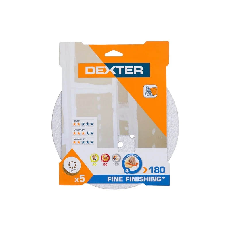 DEXTER RANDOM ORBITAL SANDER ABRASIVE FOR WALL 225 MM, DRILLED, GRIT 180, 5 PIECES