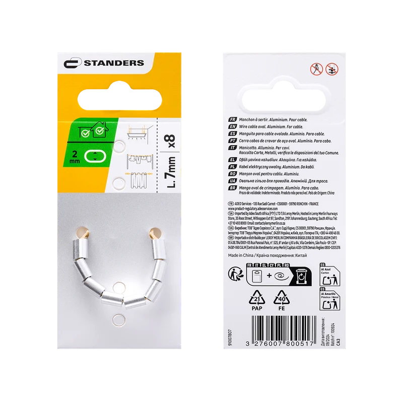 RAW ALUMINIUM CABLE CLAMPING SLEEVE STANDERS FOR CABLE D 2 MM, 8 PIECES