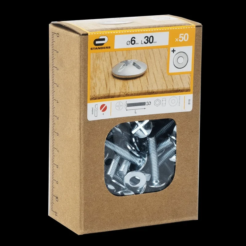 BOLT 6 X 30 MM CROSS CAMBERED HEAD, NUT AND WASHER STEEL 50 PIECES