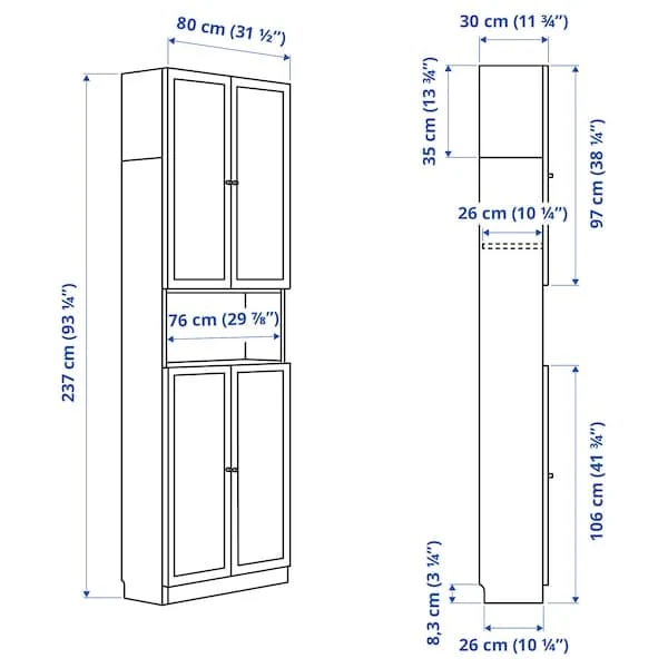BILLY / OXBERG bookcase w doors/extension unit, white, 80x30x237 cm