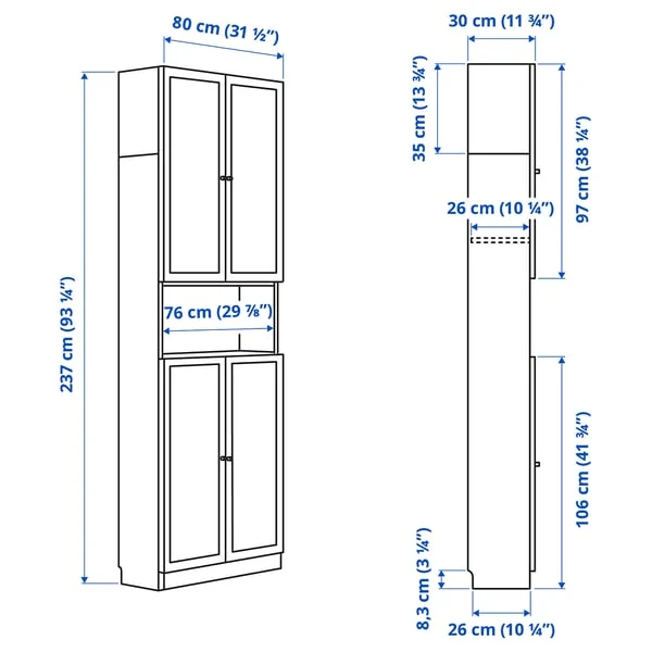 BILLY / OXBERG bookcase w doors/extension unit, white, 80x30x237 cm