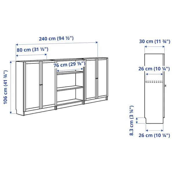 BILLY / OXBERG bookcase combination with doors, white, 240x30x106 cm