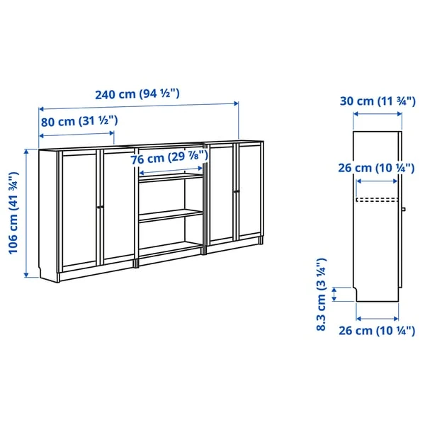 BILLY / OXBERG bookcase combination with doors, white, 240x30x106 cm