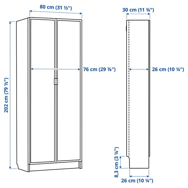 BILLY / HÖGBO bookcase with glass doors, white, 80x30x202 cm