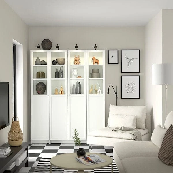 BILLY / OXBERG bookcase comb w panel/glass doors, white, 160x202 cm