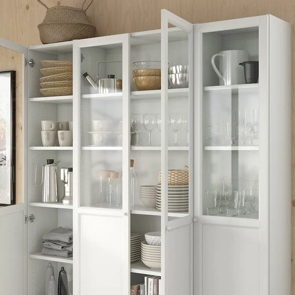 BILLY / OXBERG bookcase comb w panel/glass doors, white, 160x202 cm