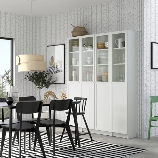 BILLY / OXBERG bookcase comb w panel/glass doors, white, 160x202 cm