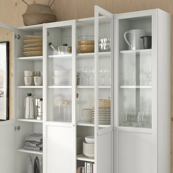 BILLY / OXBERG bookcase comb w panel/glass doors, white, 160x202 cm