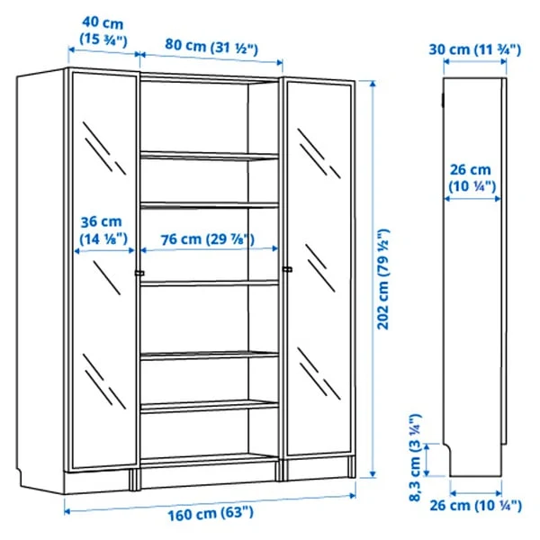 BILLY / HÖGBO bookcase combination w glass doors, white, 160x202 cm