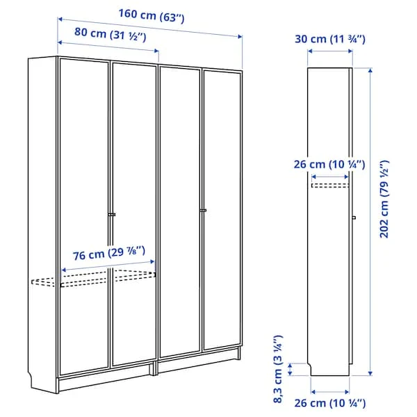BILLY / HÖGBO bookcase combination w glass doors, white, 160x202 cm