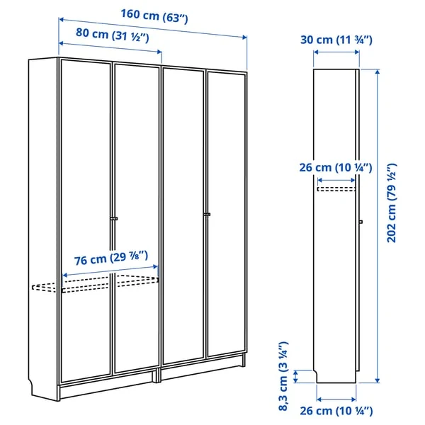 BILLY / HÖGBO bookcase combination w glass doors, white, 160x202 cm