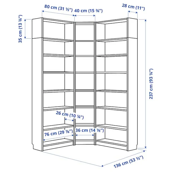 BILLY bookcase corner comb w ext units, white, 136/136x28x237 cm