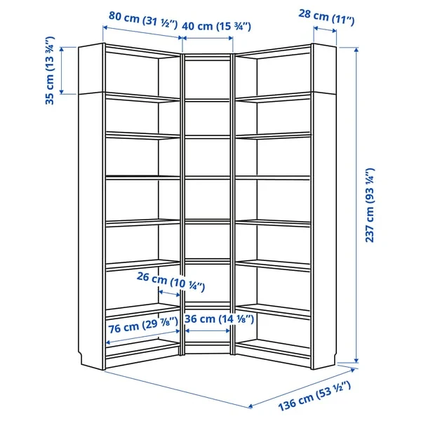 BILLY bookcase corner comb w ext units, white, 136/136x28x237 cm