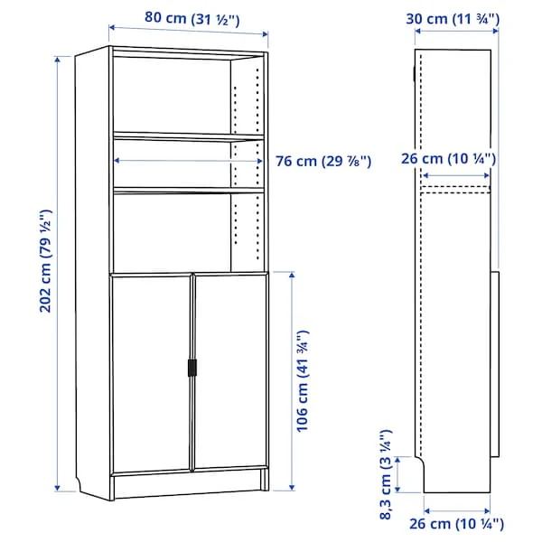BILLY / HÖGBO bookcase with glass doors, white, 80x30x202 cm