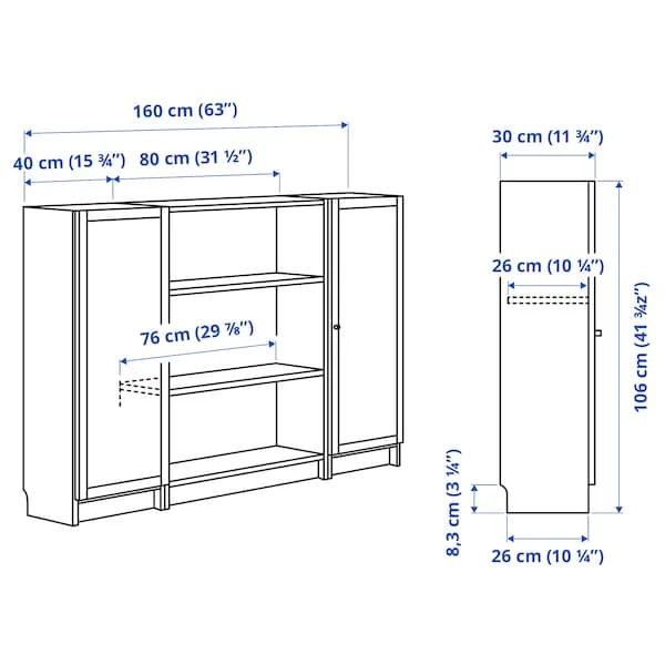 BILLY / OXBERG bookcase combination with doors, white, 160x106 cm