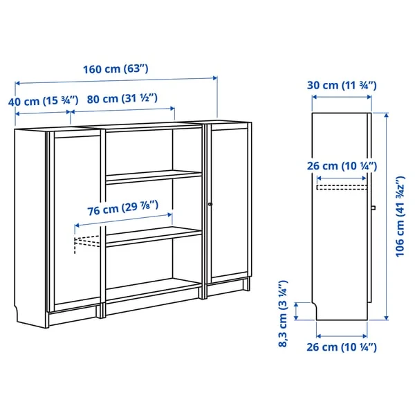 BILLY / OXBERG bookcase combination with doors, white, 160x106 cm