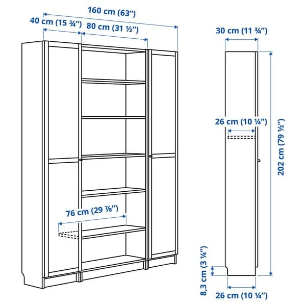 BILLY / OXBERG bookcase combination w glass doors, white, 160x202 cm