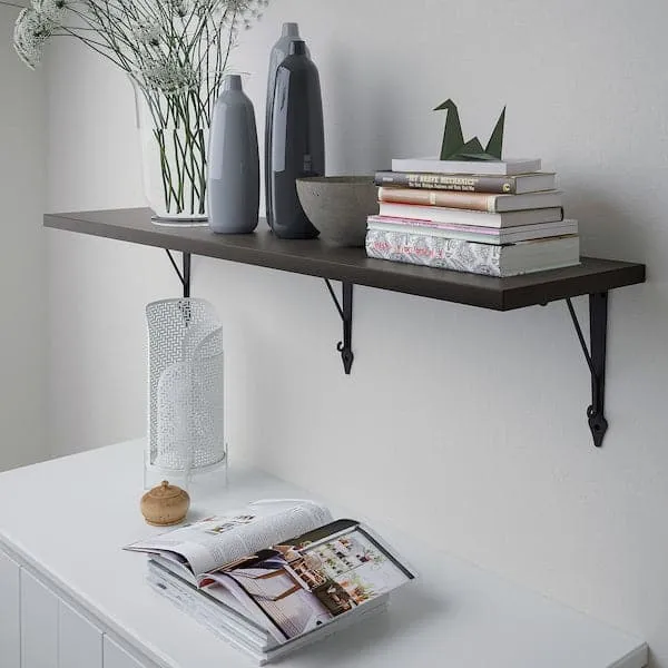 BERGSHULT / KROKSHULT wall shelf, brown-black/anthracite, 120x30 cm