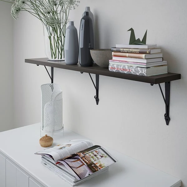 BERGSHULT / KROKSHULT wall shelf, brown-black/anthracite, 120x20 cm