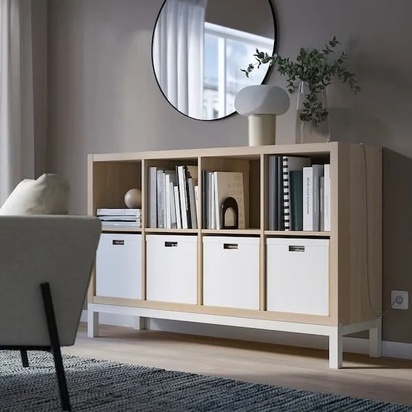 KALLAX shelving unit with underframe, white stained oak effect/white, 147x94 cm