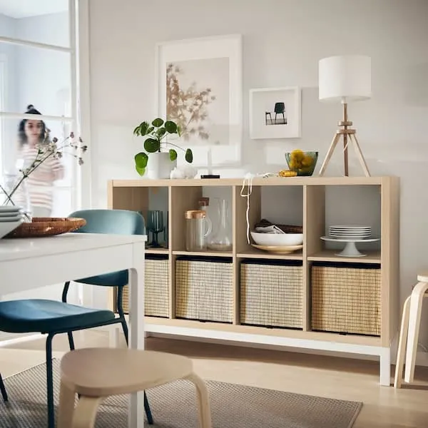 KALLAX shelving unit with underframe, white stained oak effect/white, 147x94 cm