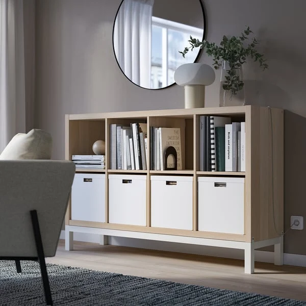 KALLAX shelving unit with underframe, white stained oak effect/white, 147x94 cm