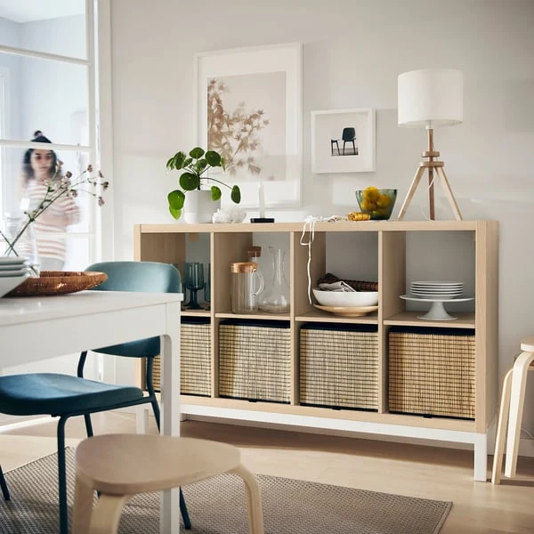 KALLAX shelving unit with underframe, white stained oak effect/white, 147x94 cm